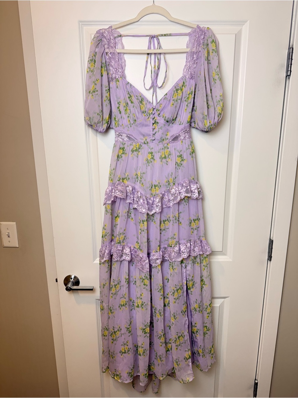 ASOS DESIGN Open Back Lace Insert Midi Tea Dress in Lilac Ditsy Floral US 6 - Picture 12 of 13